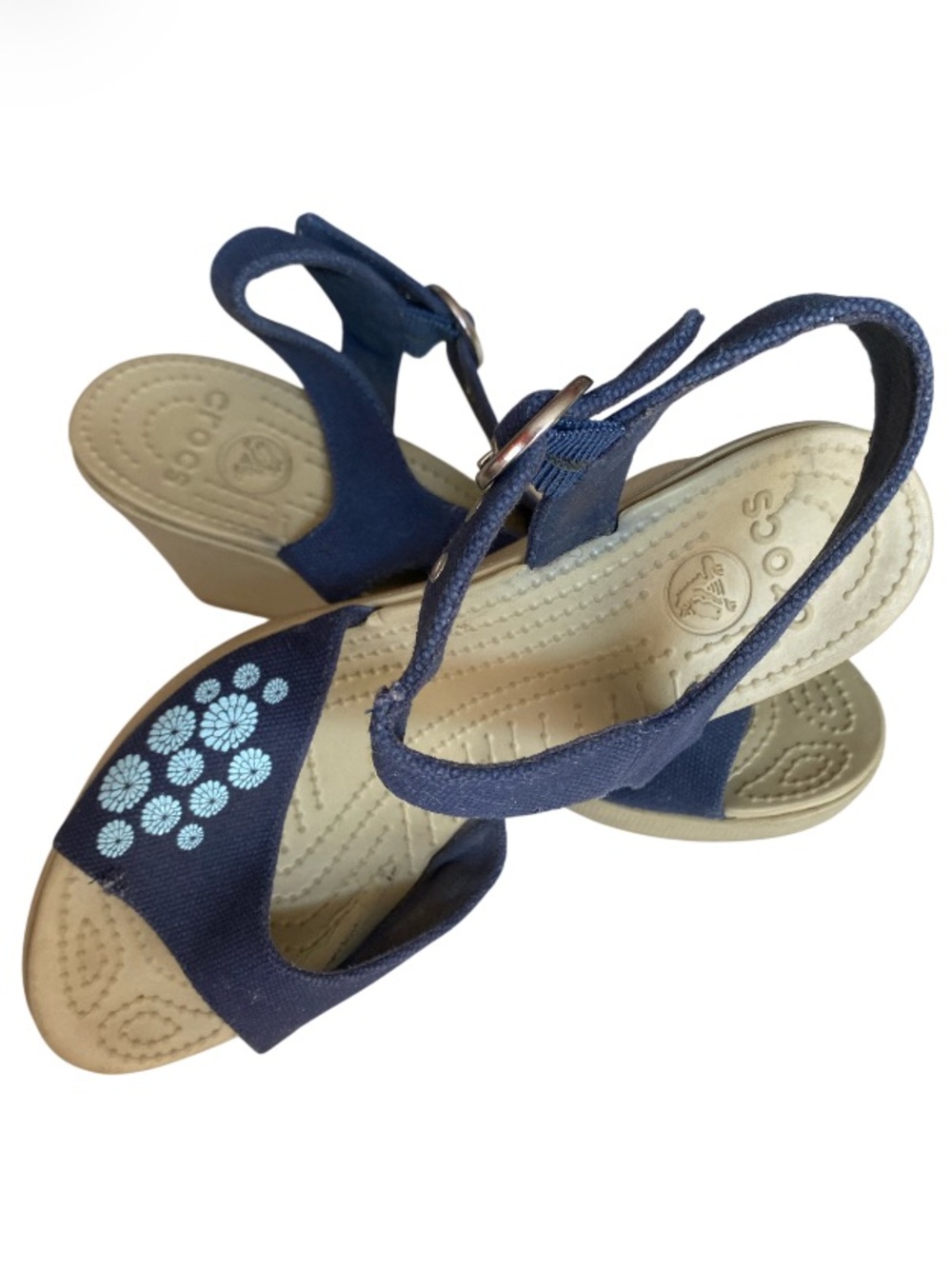 CROCS Navy and Tan Wedge Sandals Distressing Canvas Straps Size 9W - Picture 2 of 8